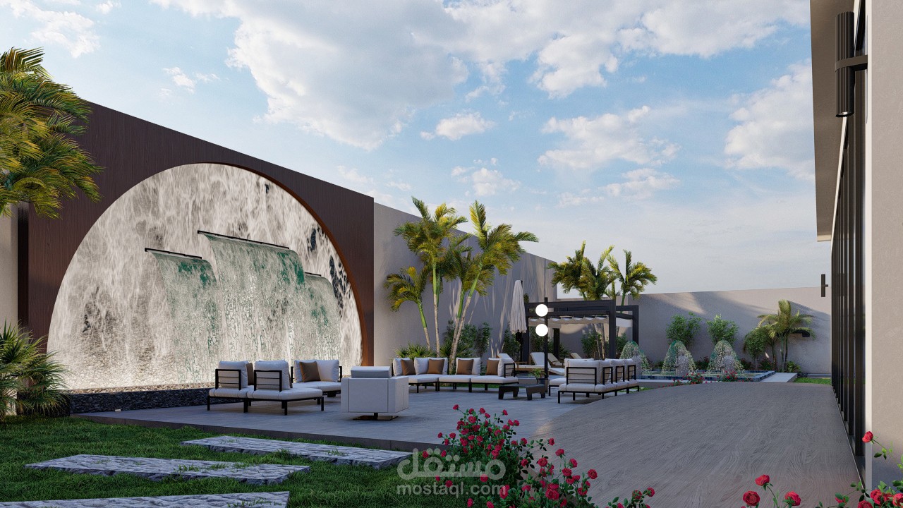 تصميم لحديقه خارجيه لقصر في السعودية