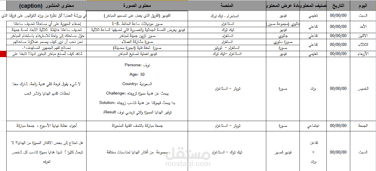 خطة محتوى سوشيل ميديا اسبوعية