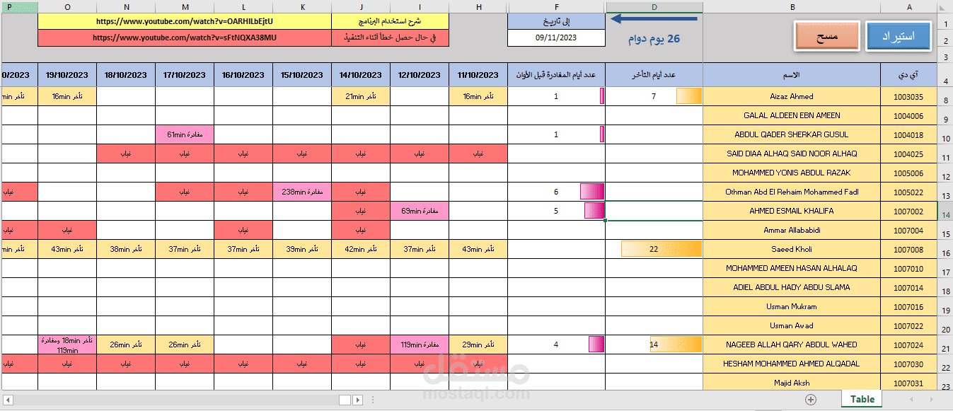 (مرفق فيديو) برنامج اكسل تحليل نتائج تقرير برنامج البصمة أنفال Anfal Attendance Report