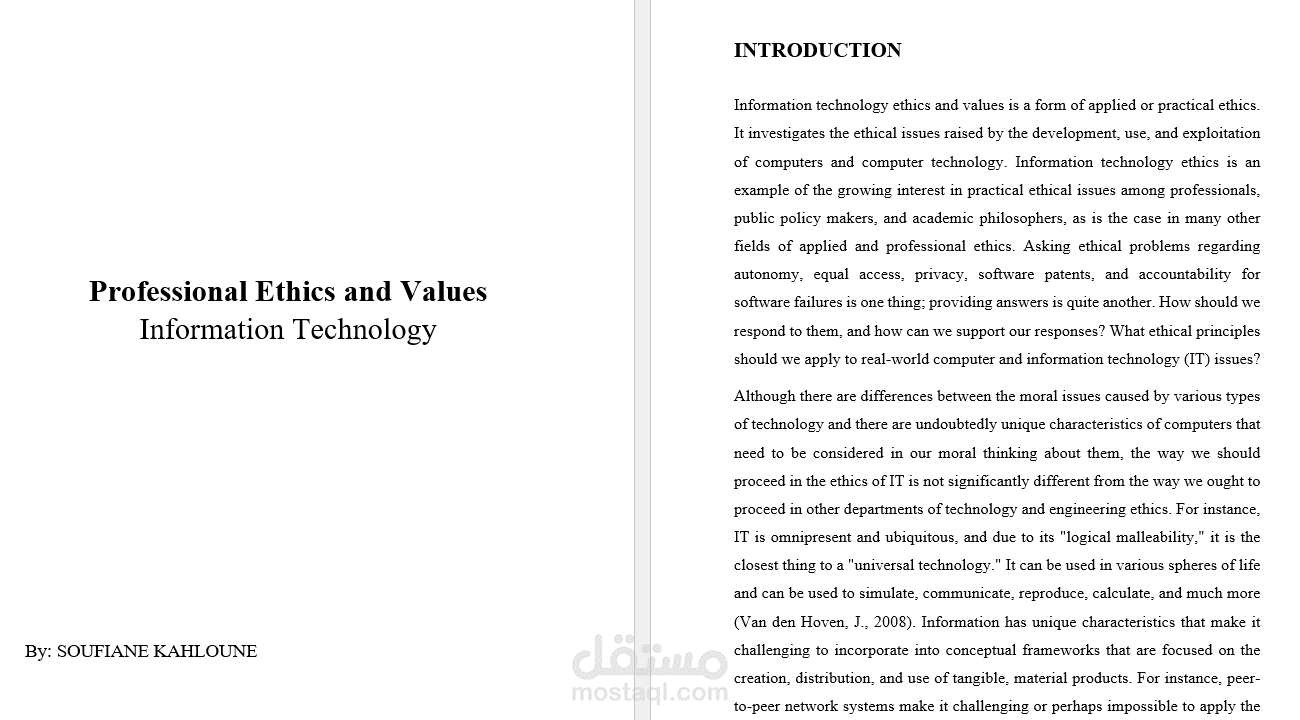إنجاز تقرير تقني عن Professional Ethics & Values in IT
