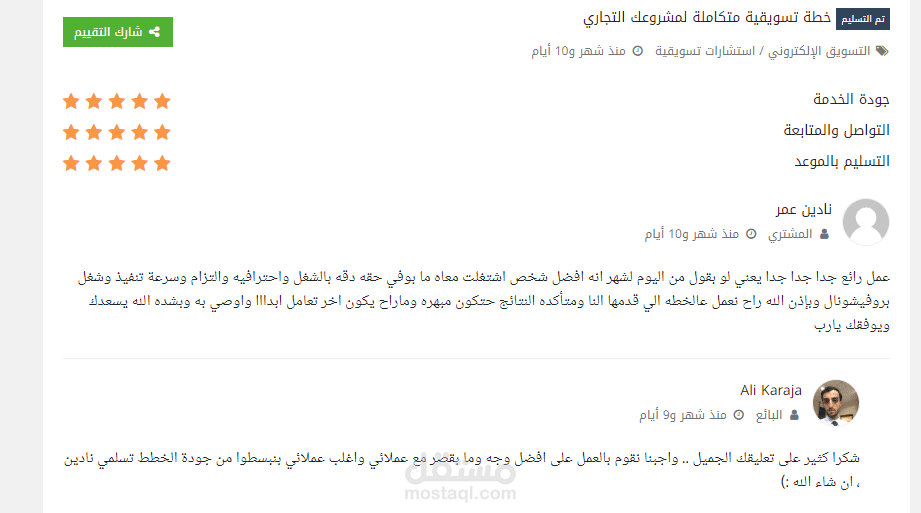 تقييمات العملاء لاعمالي في الخطط التسويقية (شركات عقارية-متاجر دروب شيبنج-متاجر عطور -كافي-شركة تصميم)