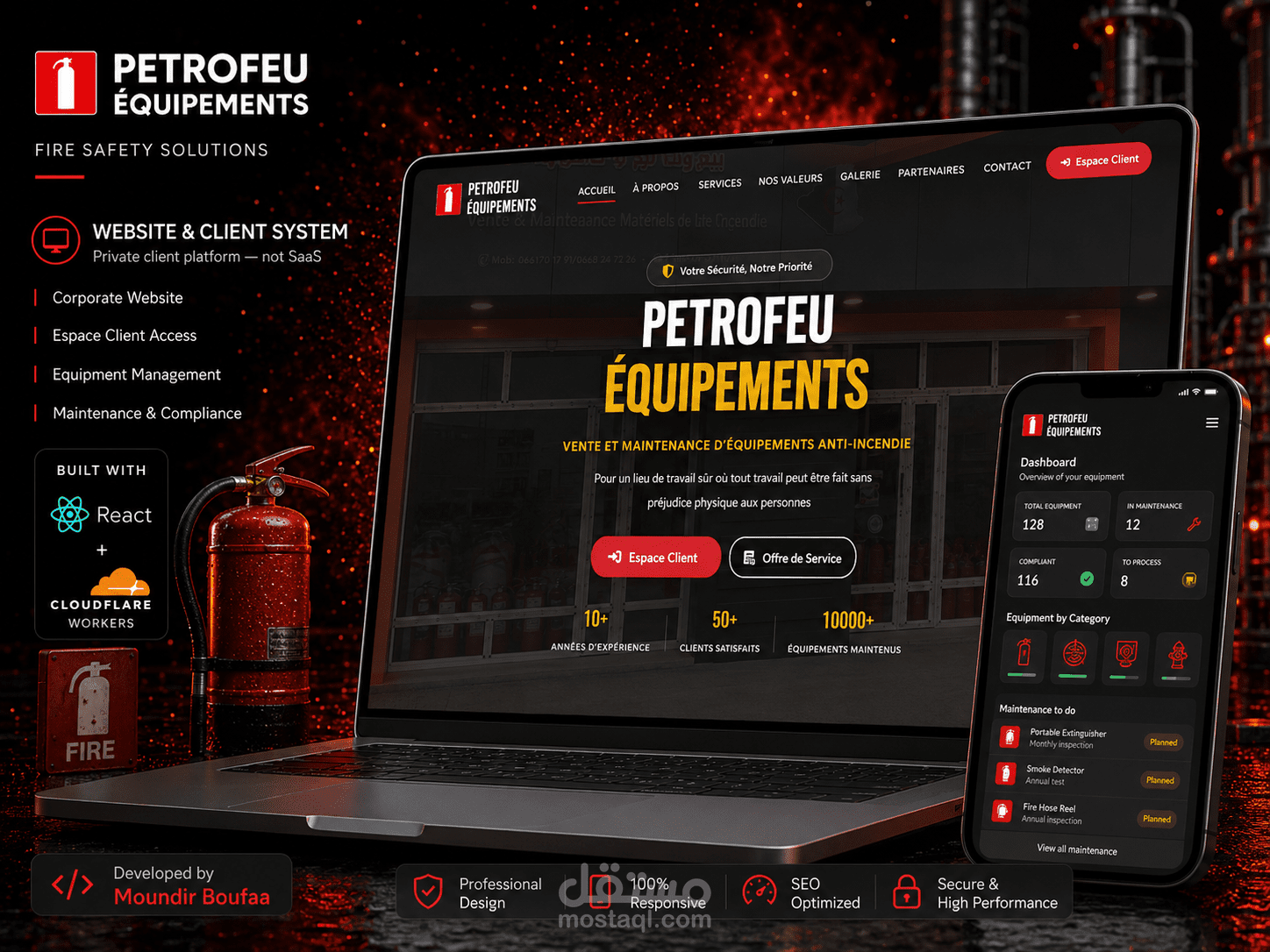 PETROFEU ÉQUIPEMENTS — موقع مؤسسي ونظام إدارة عملاء (السلامة من الحرائق)