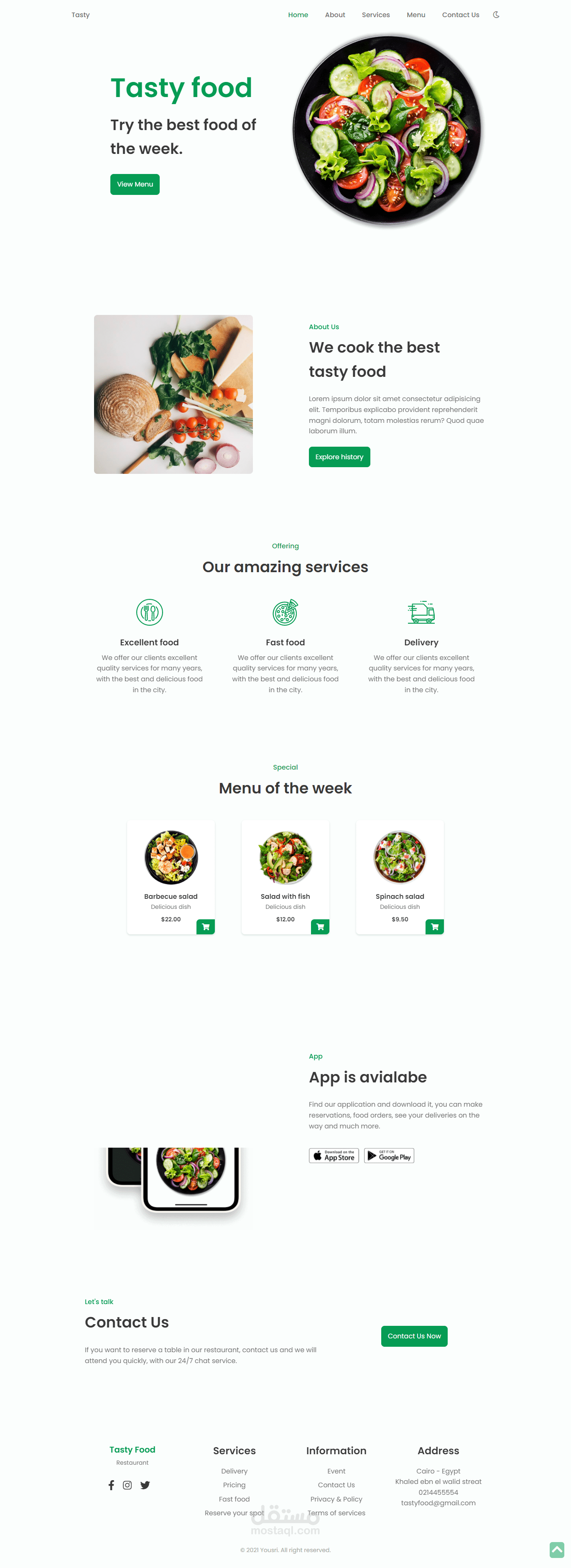 landing page for restaurant website