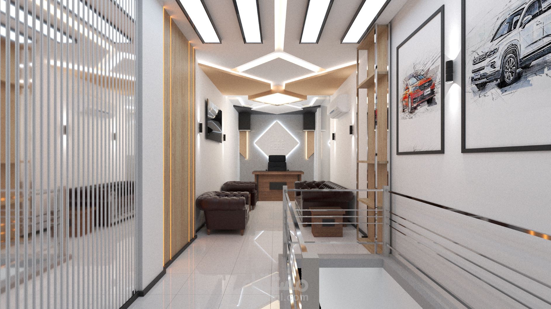 تصميم داخلي لمكتب بيع سيارات مختص بالسيارات المستوردة من الصين
