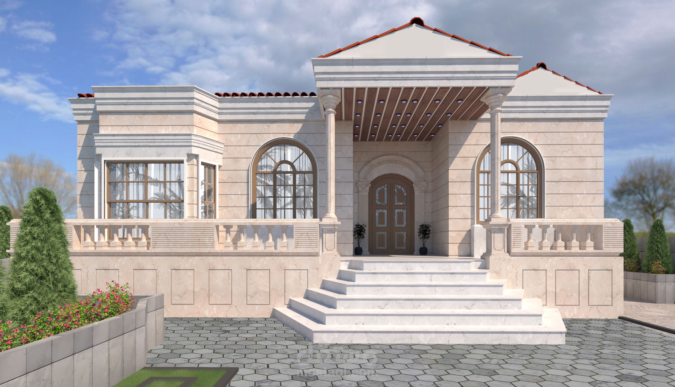 تصميم الواجهة الامامية لفيلا كلاسيكية طابق واحد