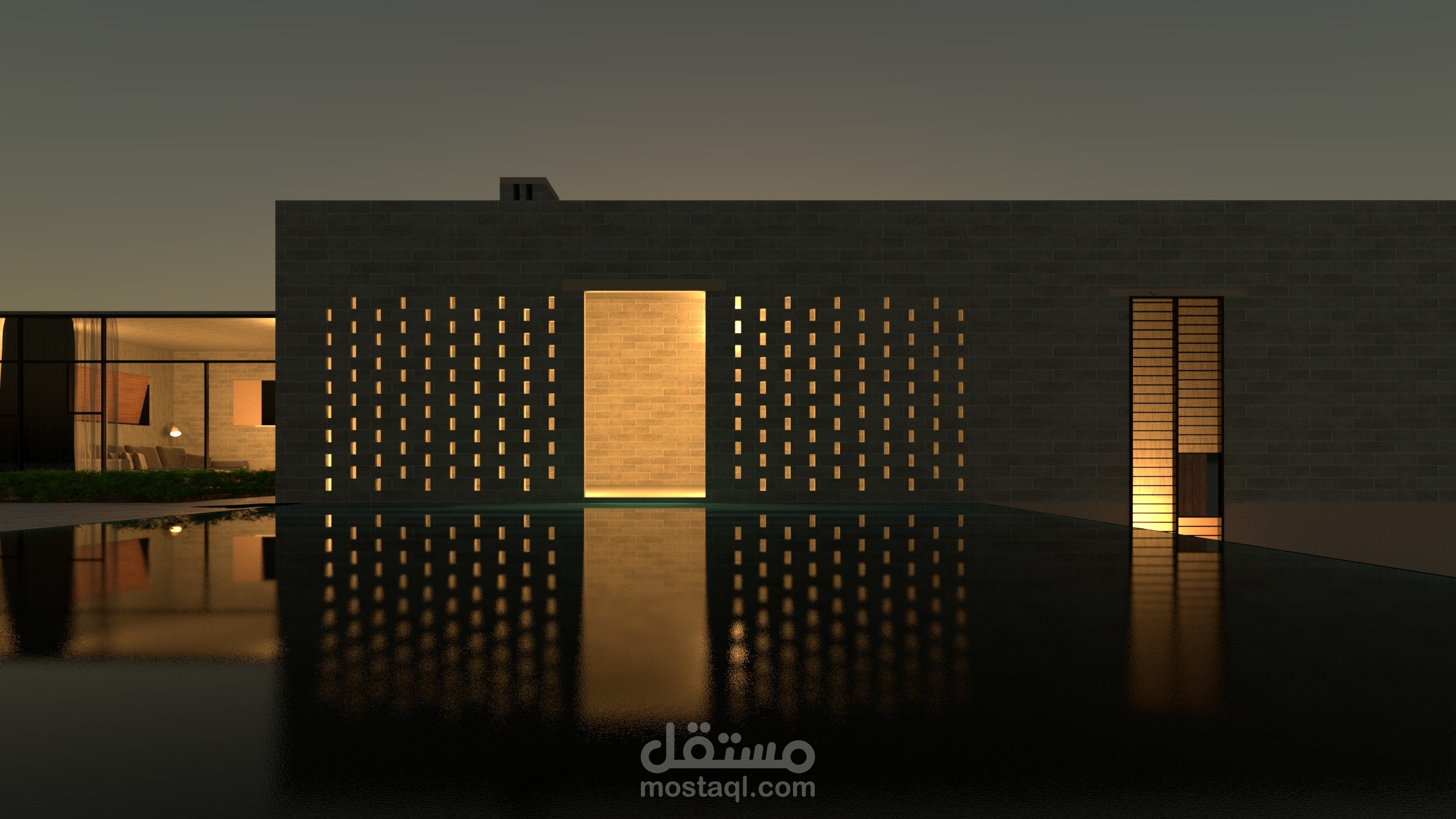 تصميم واجهة خلفية لفيلا بطابق واحد مع مسبح