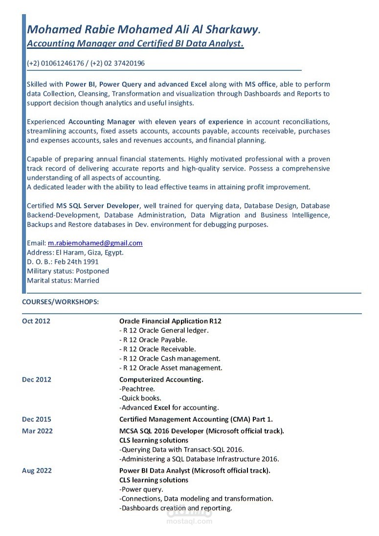 مدير حسابات بالشركة القابضة للصناعات الغذائية التابعة لوزارة التموين والتجارة الداخلية