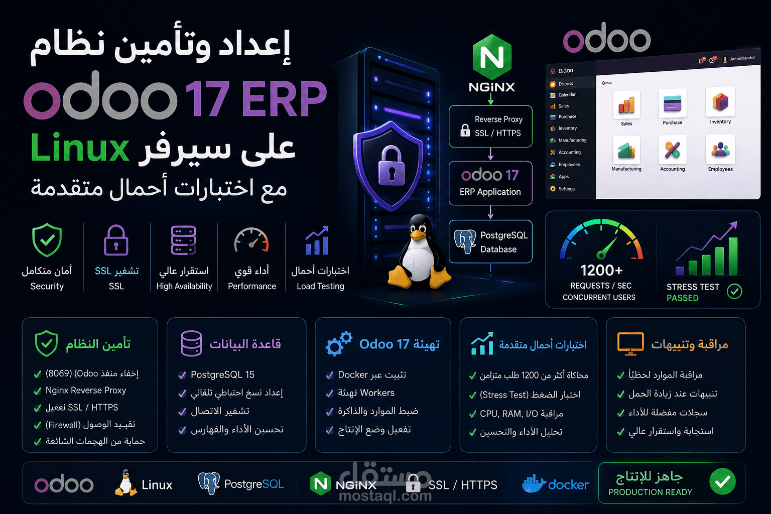 إعداد وتأمين نظام Odoo 17 ERP على سيرفر Linux مع اختبارات أحمال متقدمة