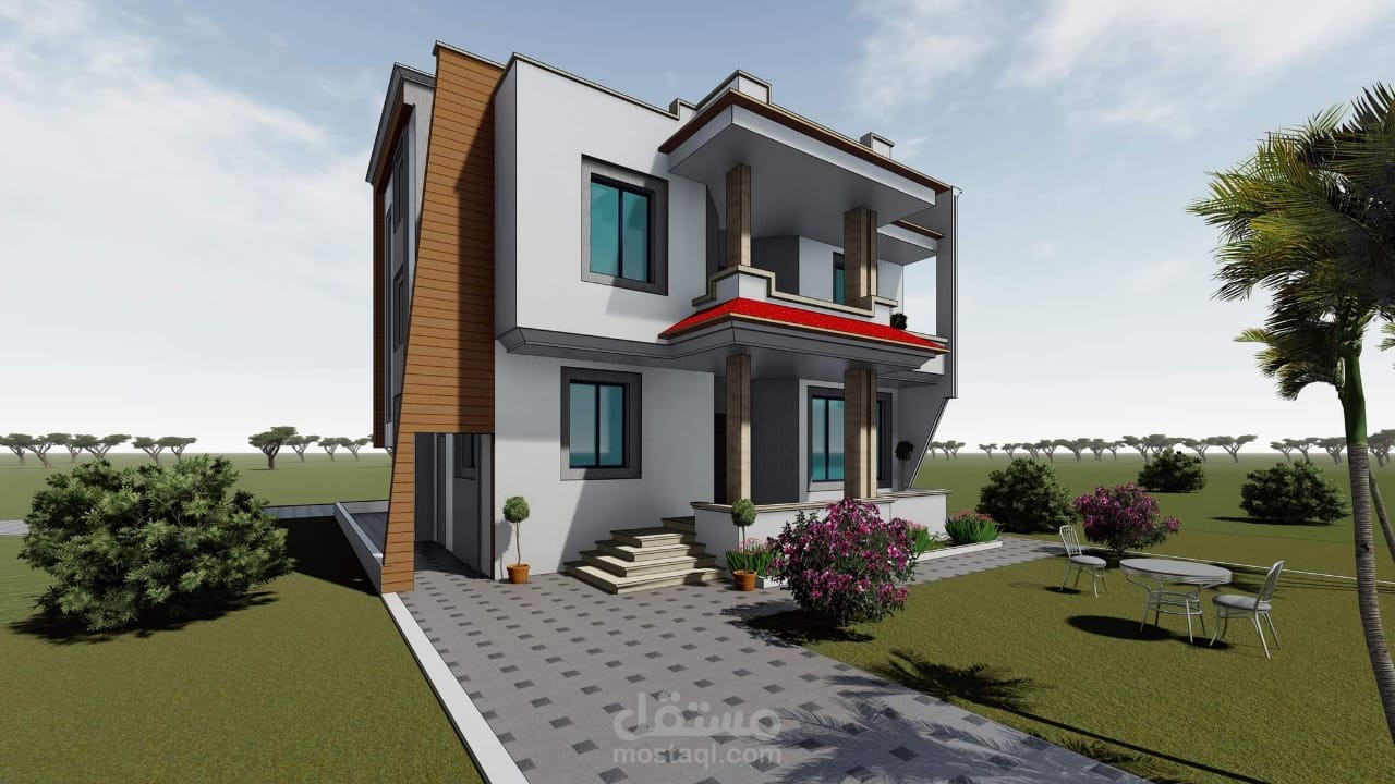 تصميم واجهة منزل مع فناء