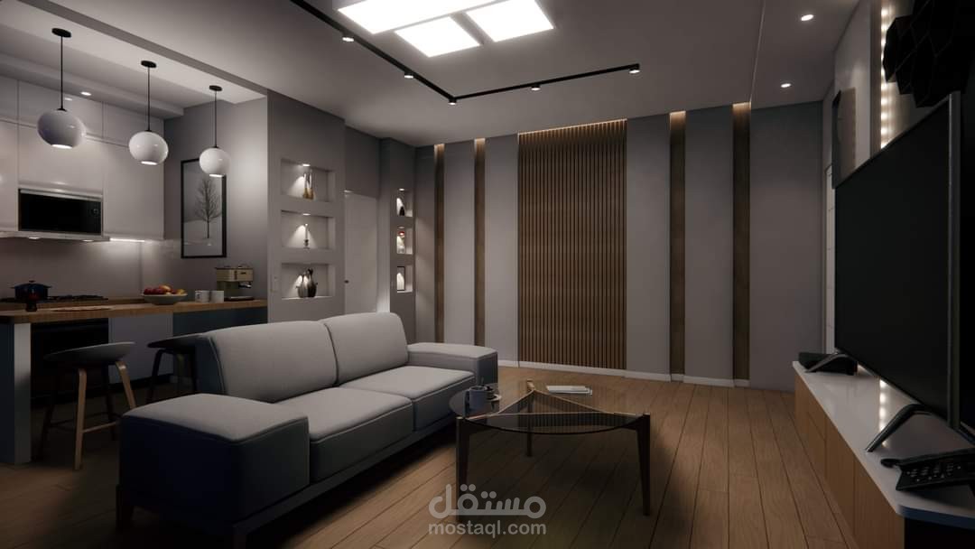 تصميم داخلي لصالة جلوس ومطبخ