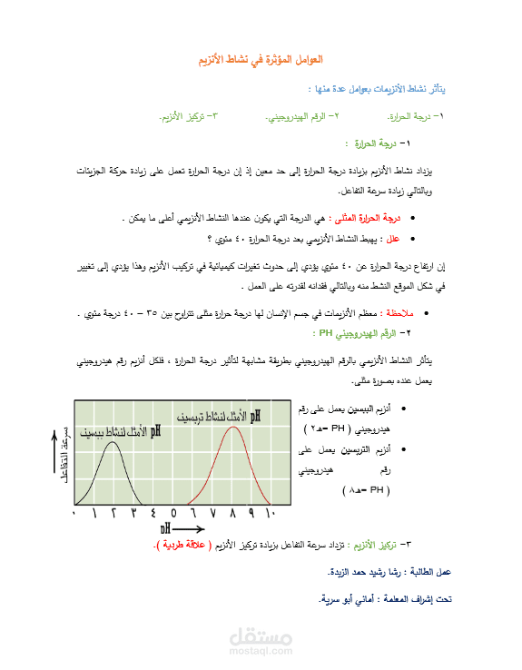 ورقة عمل العوامل المؤثرة في نشاط الإنزيمات