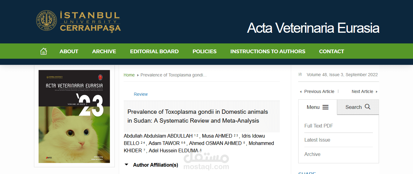 Prevalence of Toxoplasma gondii in Domestic animals in Sudan: A Systematic Review and Meta-Analysis