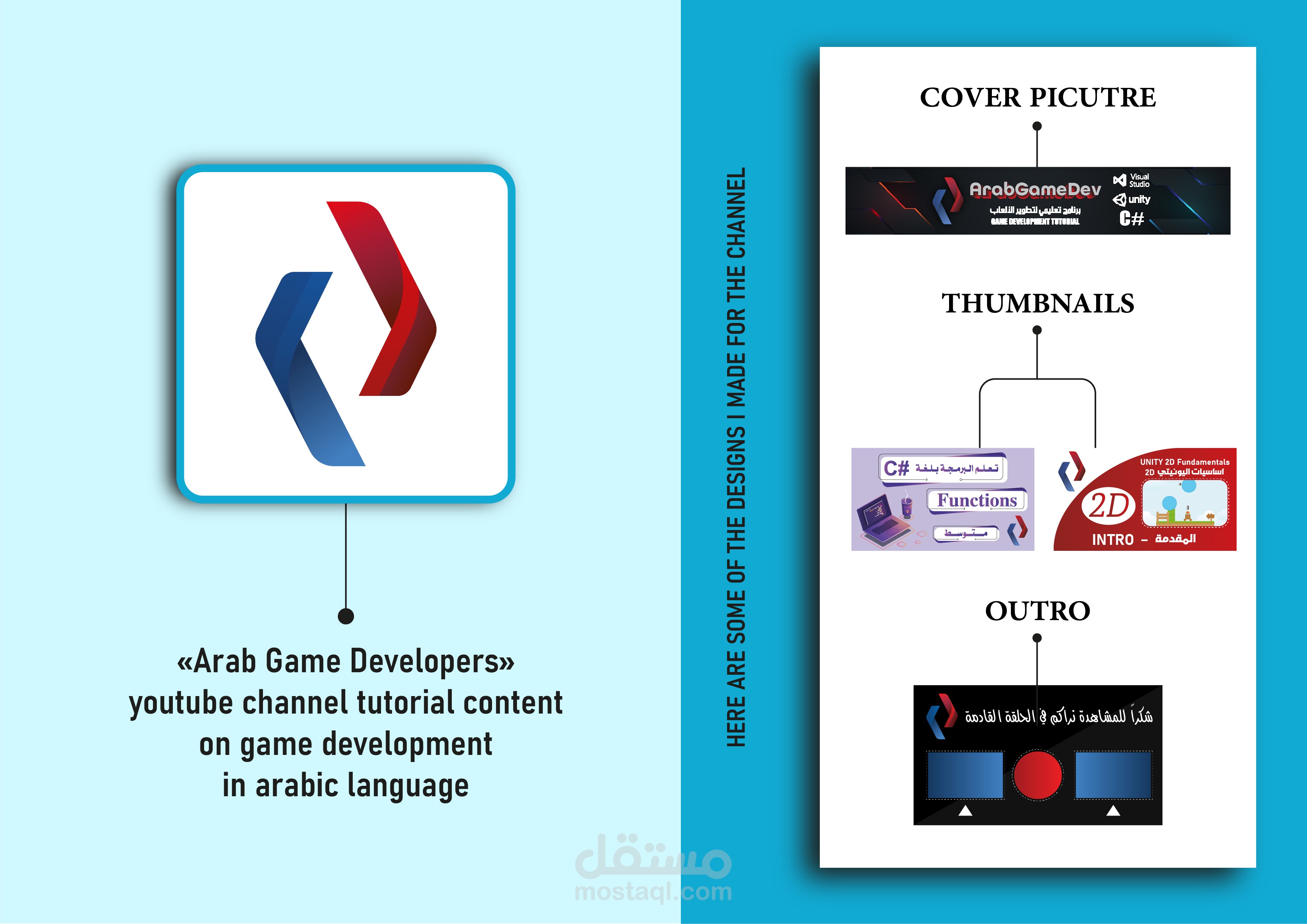 صفحة تعليم برمجة الالعاب علی اليوتيوب. شعار + صور للفديوهات + صورة خلفية للصفحة