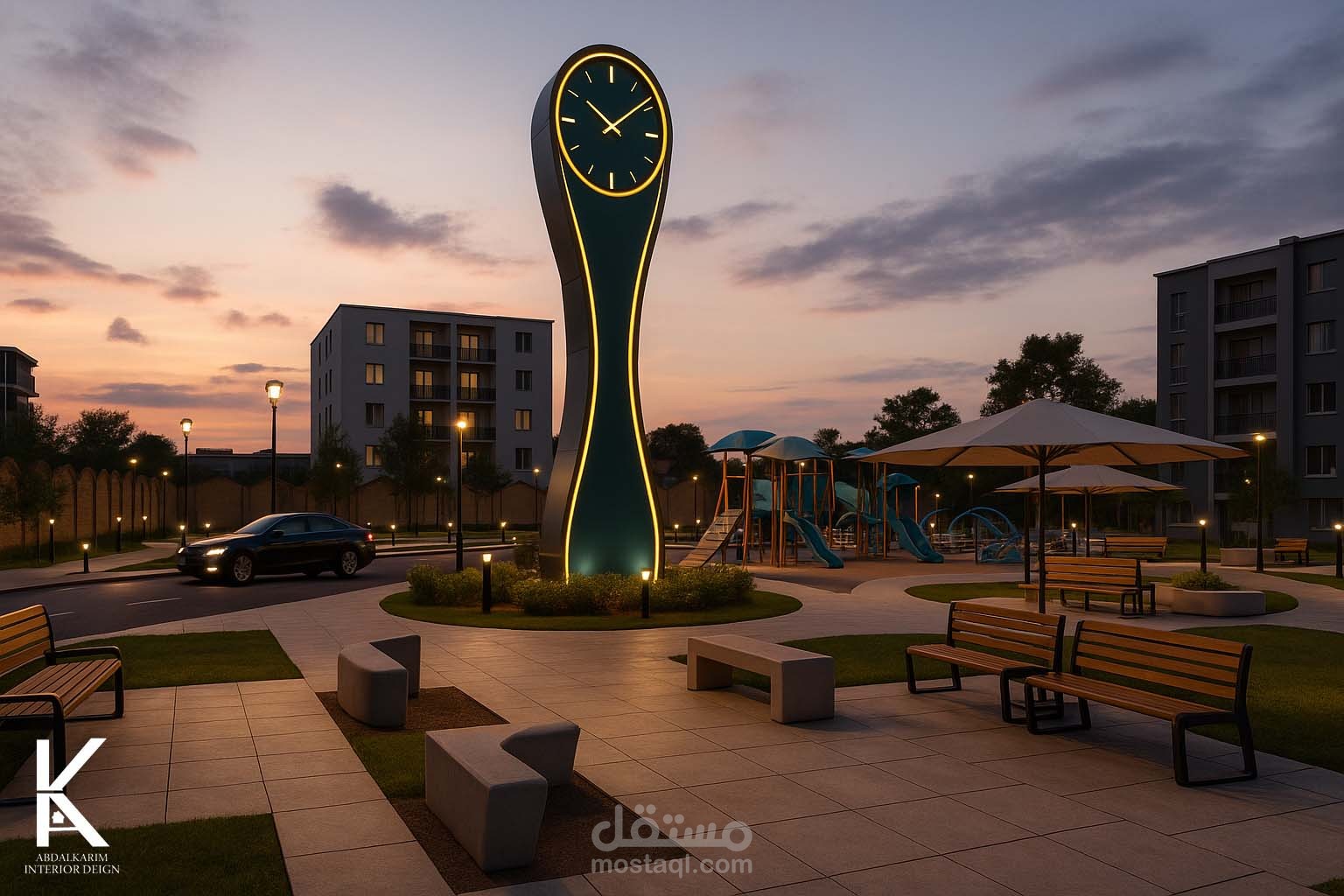 تصميم حديث لحديقة مجتمعية مع برج ساعة معاصر
