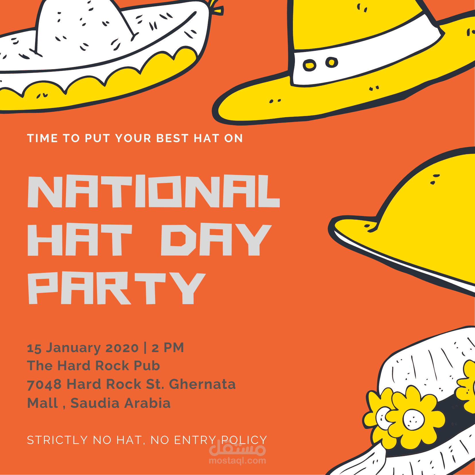 فلاير دعوة ليوم القبعات بالسعودية هارد روك ديسكو