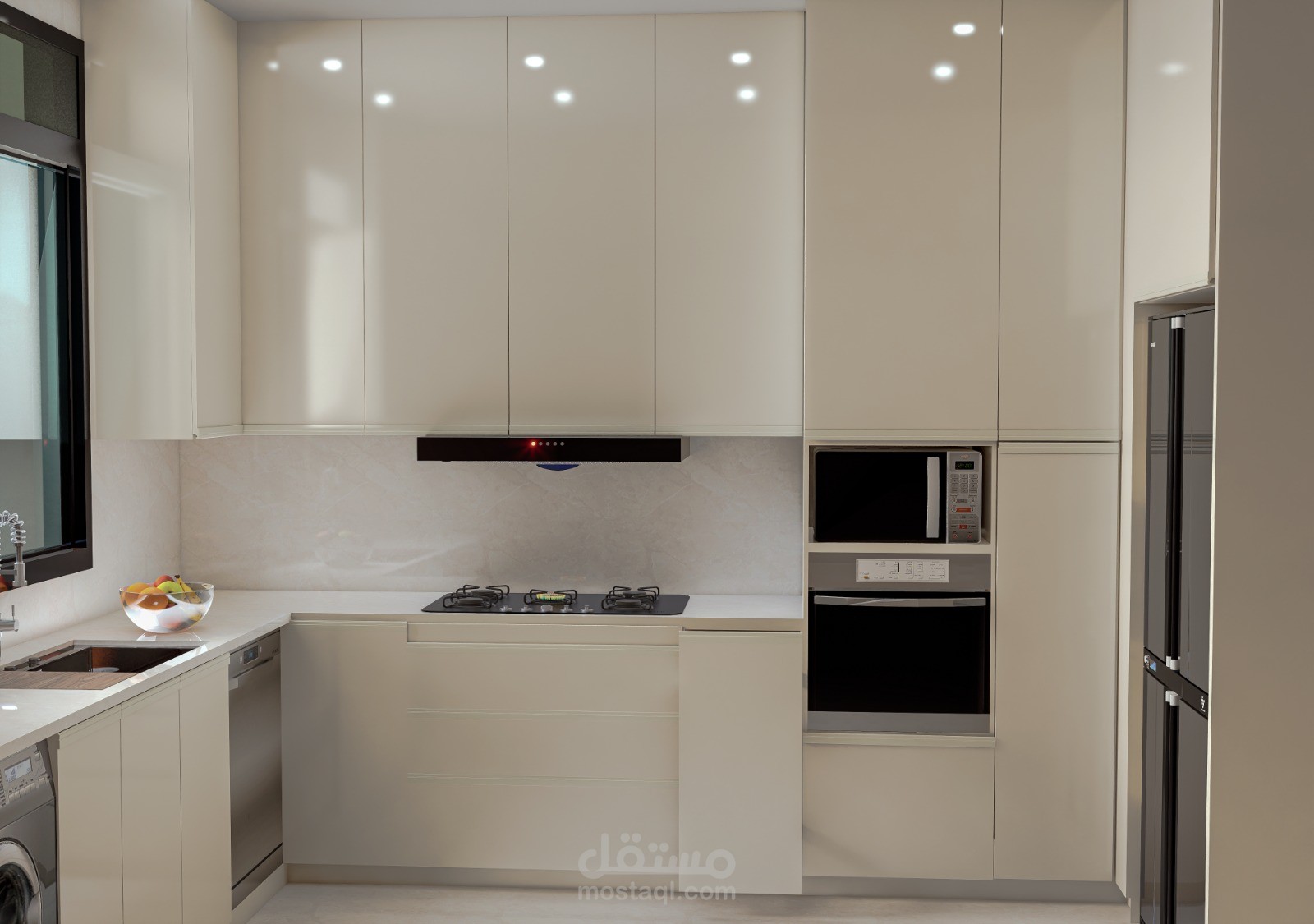 تصميم مطبخ لون موحد بيج