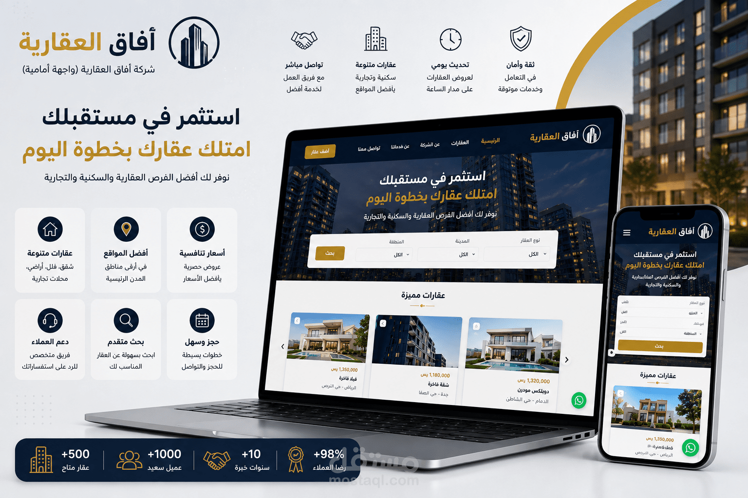 تصميم صفحة هبوط عقارية احترافية لشركة أفاق العقارية (واجهة أمامية)