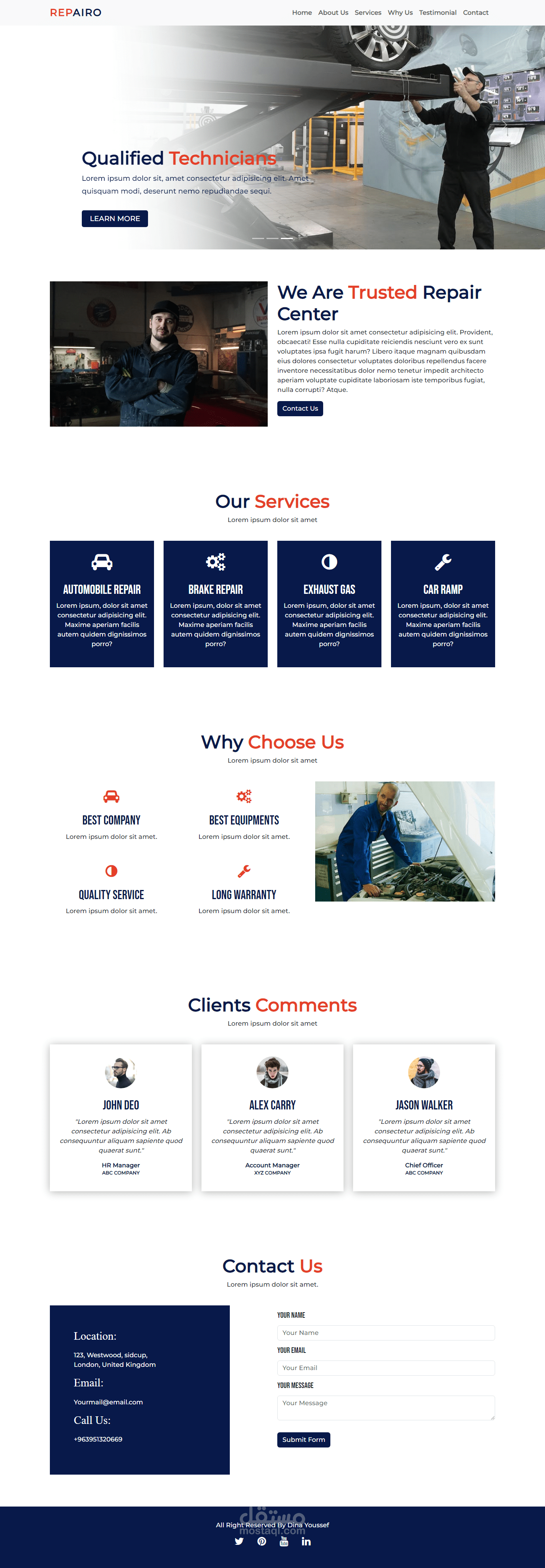 برمجة صفحة هبوط لمحل تصليح سيارات وآليات Landing Page