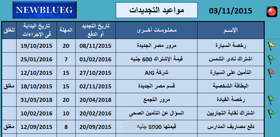برنامج Excel للتنبيه و متابعة تواريخ الإلتزامات و التجديدات