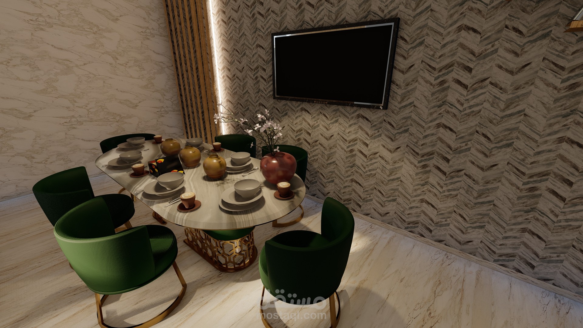 ديكور داخلي لفراغ غرفة طعام ومطبخ