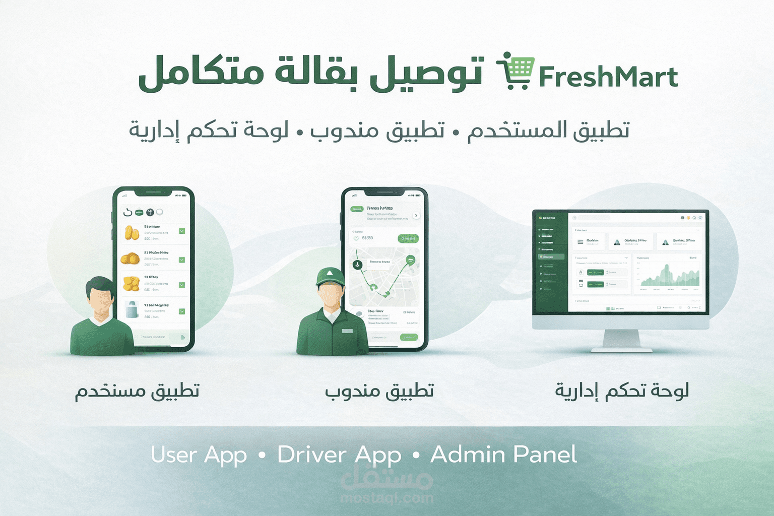 نظام توصيل بقالة متكامل (تطبيق مستخدم + مندوب + لوحة تحكم)