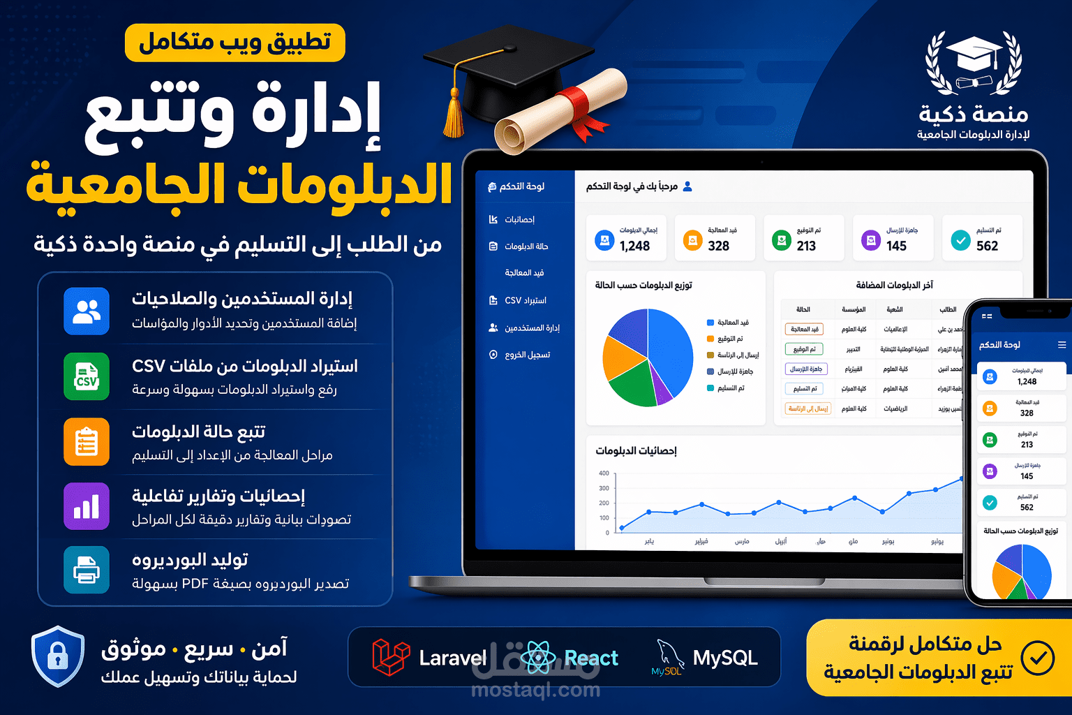 تطبيق ويب لإدارة وتتبع حالة الدبلومات الجامعية (Laravel + React + MySQL)