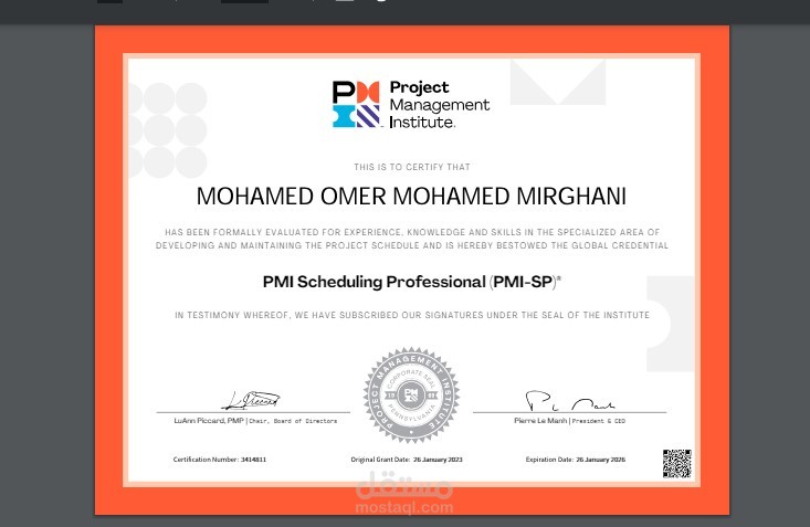 حصلت على شهادة Scheduling Professional (SP)