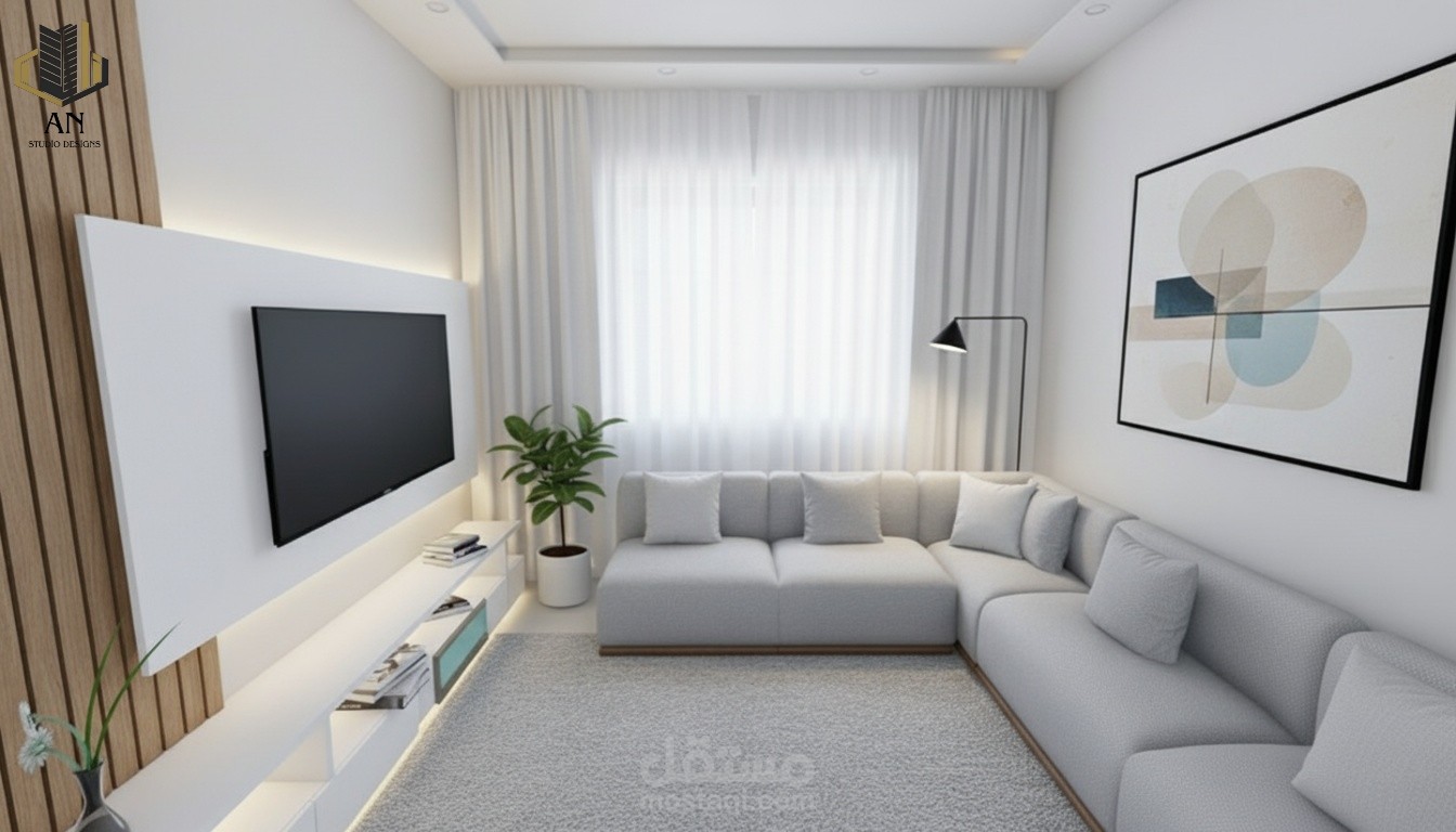 تصميم داخلي لغرفة معيشة بأبعاد صغيرة نسبيا