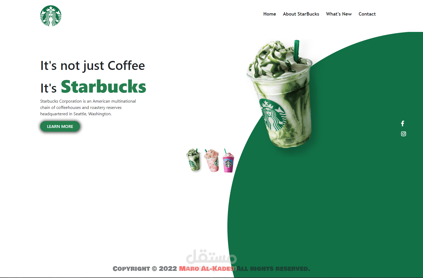 صفحة الواجهة الامامية لشركة StarBucks بتصميم انيق متجاوب مع جميع الاجهزة والشاشات.