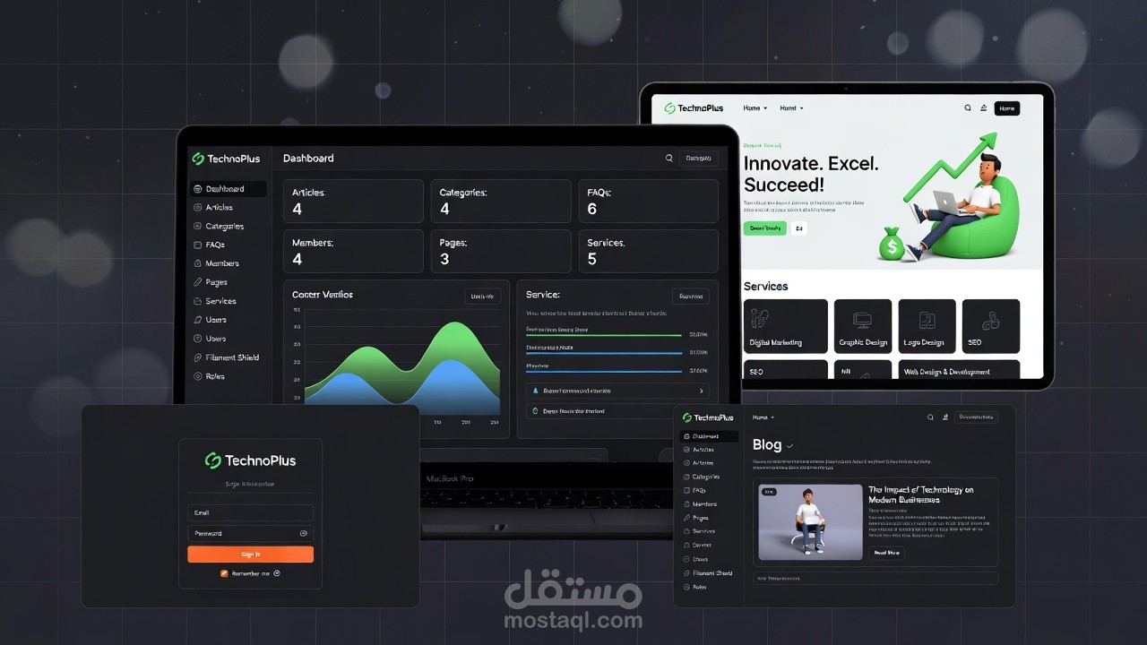 TechnoPlus – لوحة تحكم إدارية حديثة + CMS كامل | Laravel + Filament 3 + Livewire