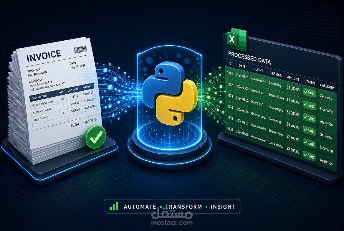 نظام أتمتة استخراج البيانات من الفواتير وتصديرها إلى جداول Excel