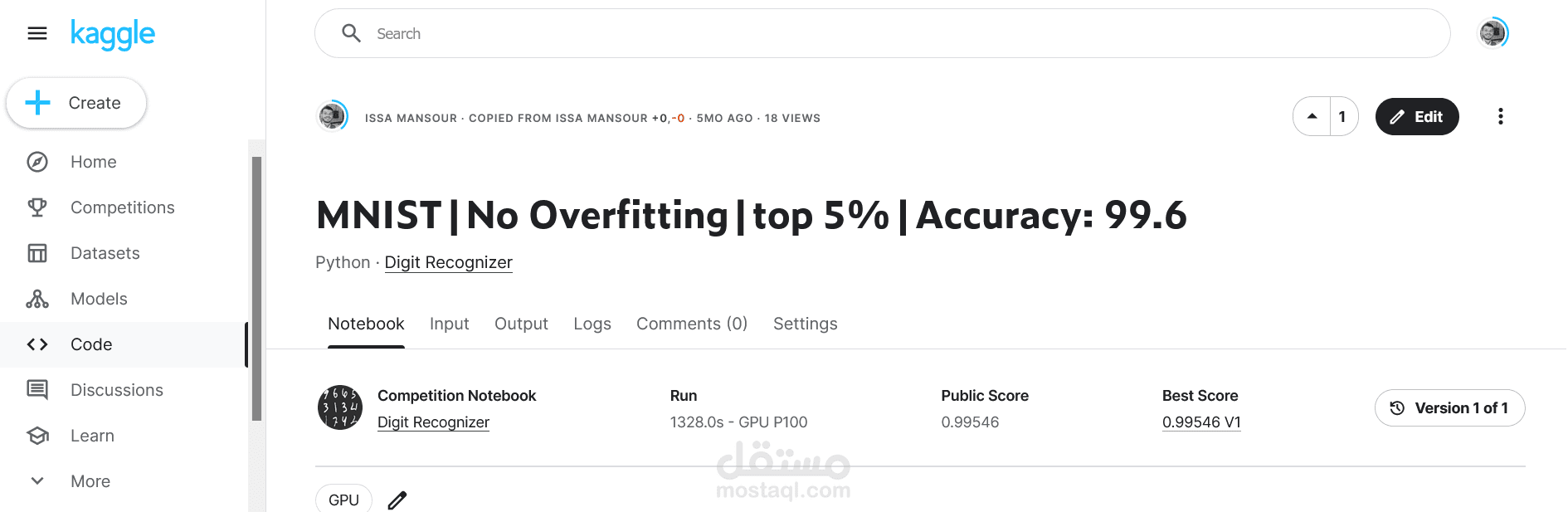 مسابقة  Digit Recognizer على موقع Kaggle افضل 6% من الحلول على موقع المسابقة.