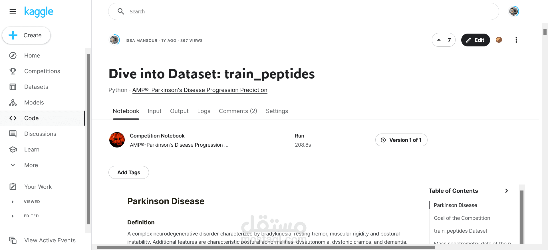 تحليل البيانات الاستكشافيةExploratory data analysis  لمجموعة البيانات Train_peptides في المسابقة وحصلت على ميدالية برونزية.