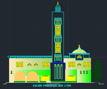 تصميم المخططات المعمارية لجامع و الواجهة الرئيسية