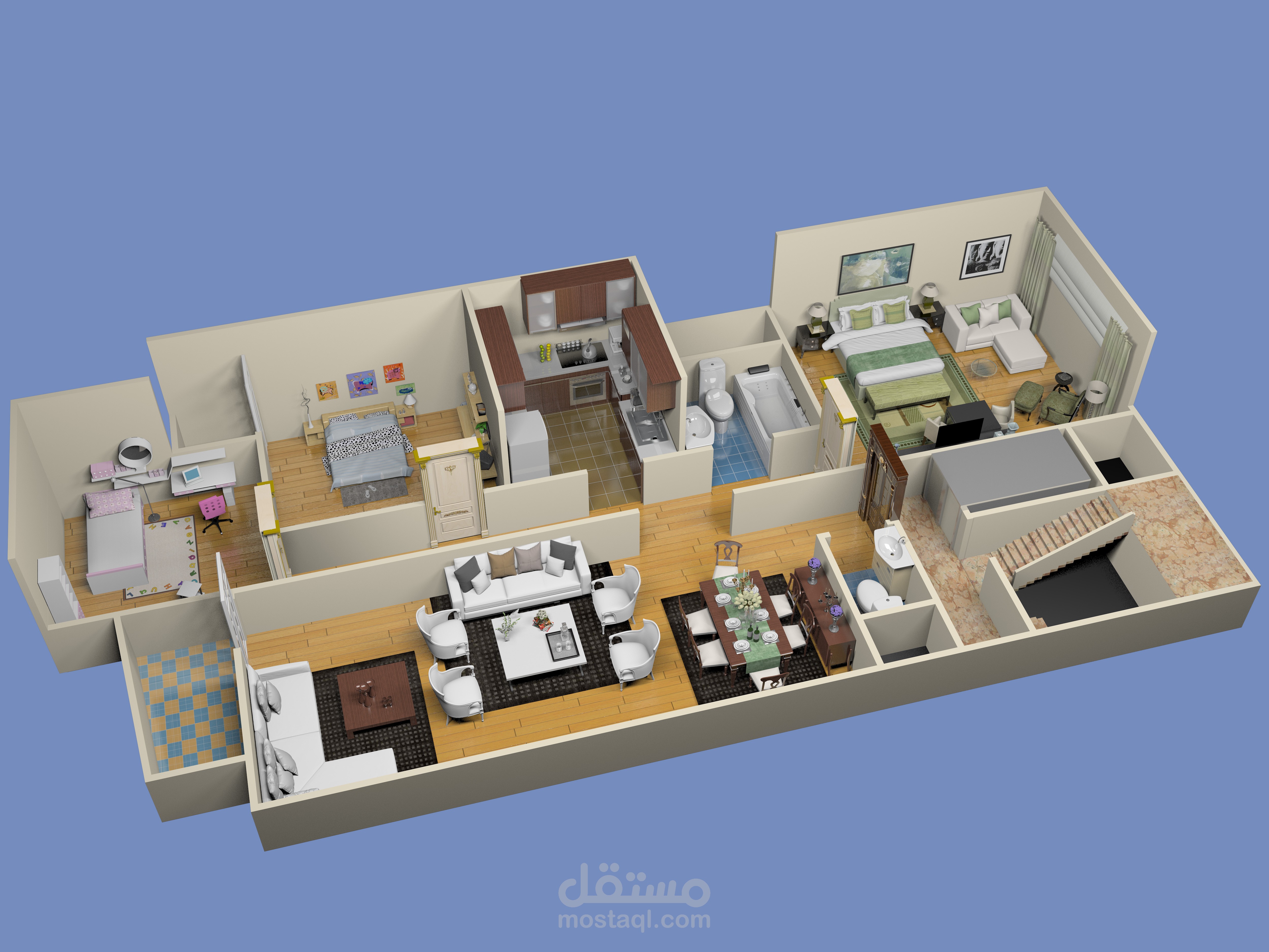 تصميم شقة منظور افقي للاعلان بمساحة