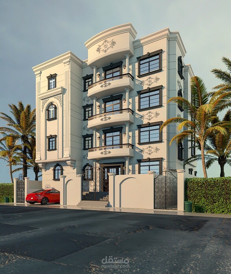 تصميم نيو كلاسيك لواجهة فيلا مكونه من ٤ طوابق