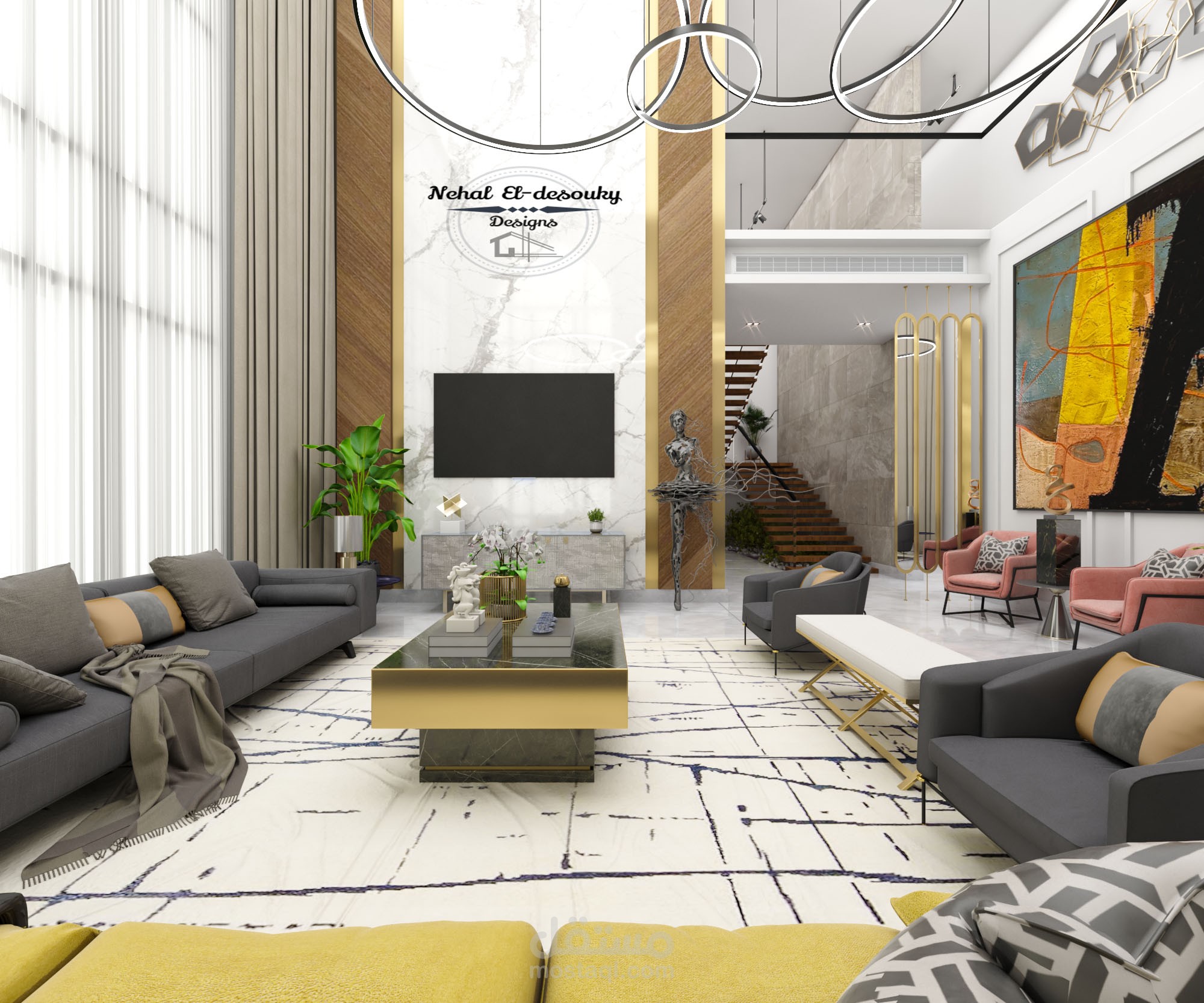 تصميم مدخل و صالة استقبال لفيلا بارتفاع طابقين