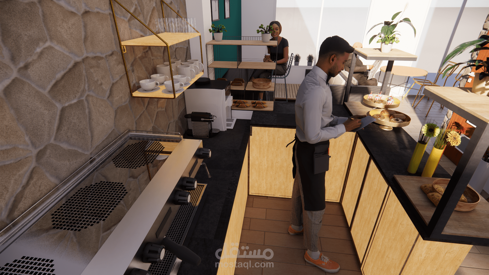 تصميم داخلي لكافيتيريا مع اخراج ثلاثي الابعاد