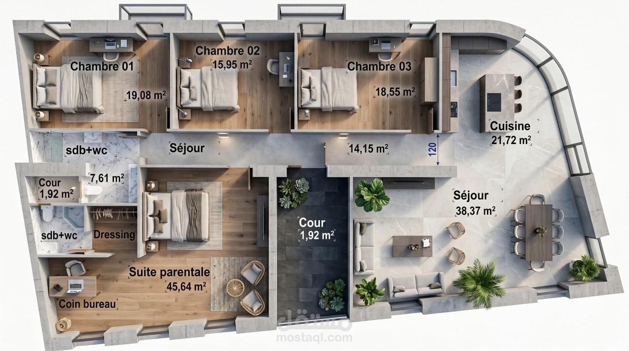 مخطط معماري ثلاثي الابعاد لشقة سكنية