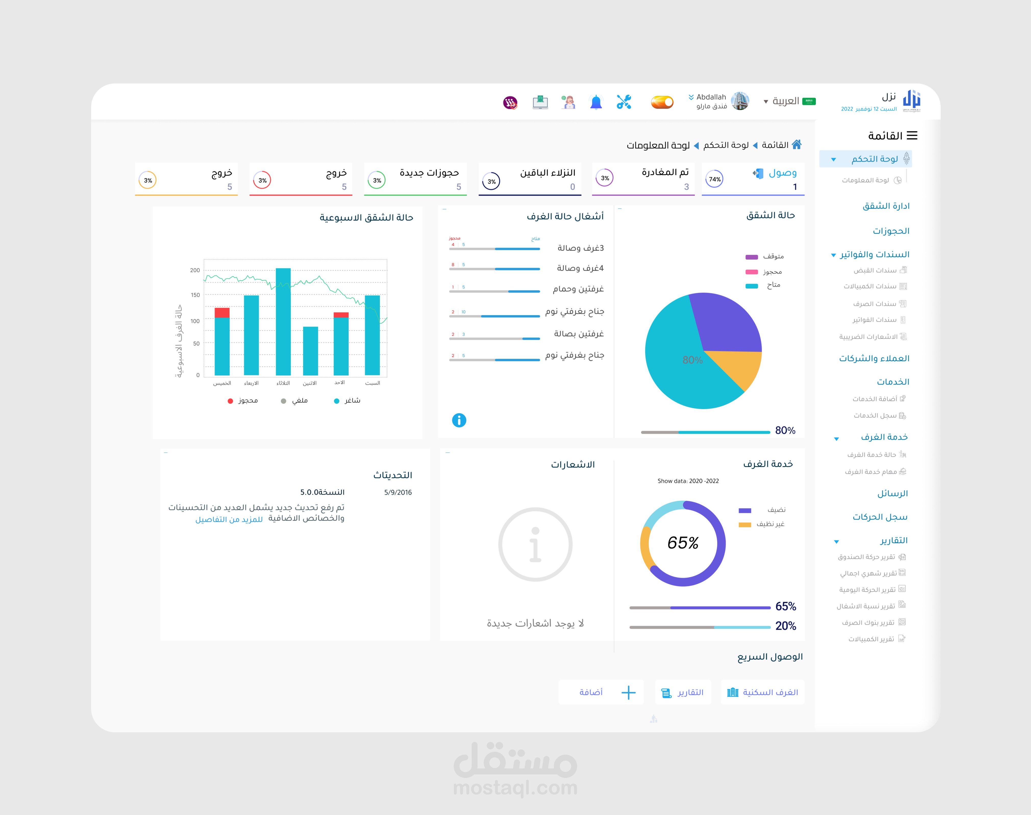 لوحة تحكم (Dashboard) لادارة الفنادق والحجوزات