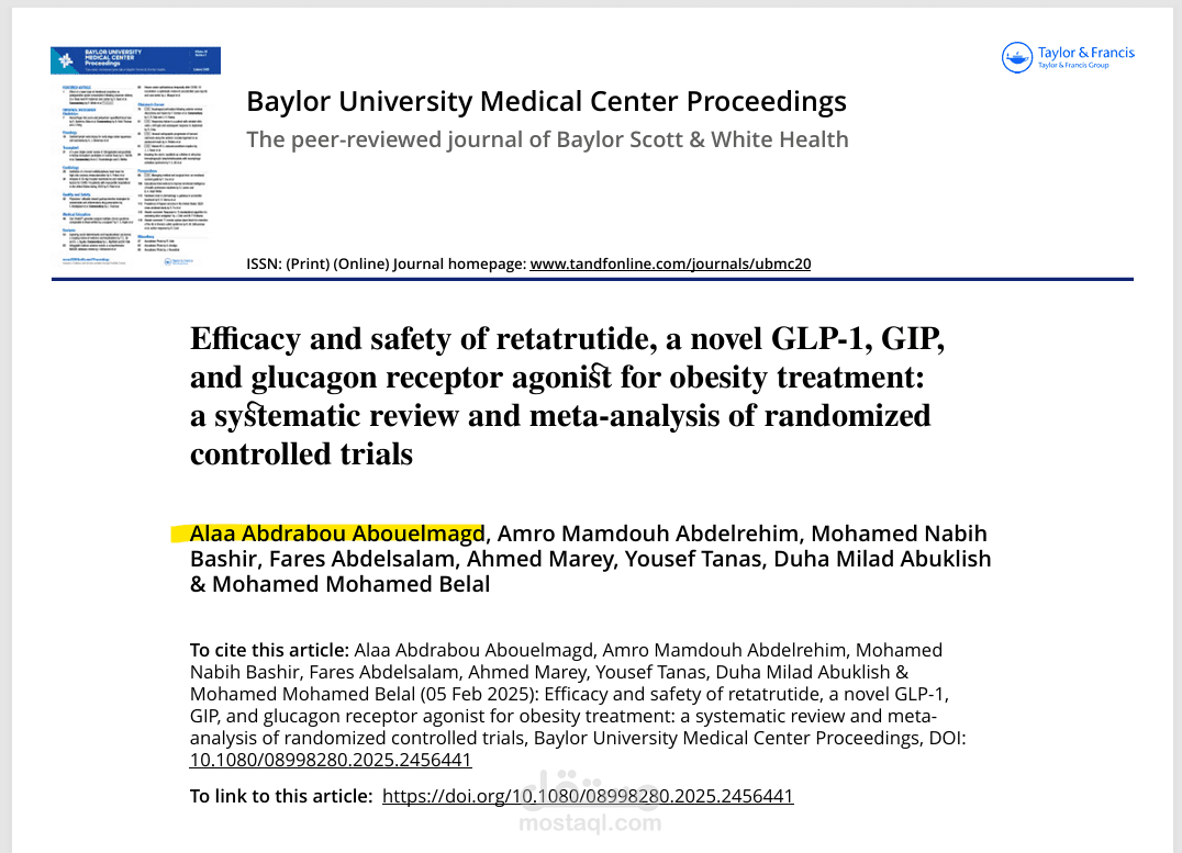 الفعالية والسلامة لعقار ريتاتروتايد، ناهض مستقبلات GLP-1 و GIP والجلوكاجون الجديد في علاج السمنة: مراجعة منهجية وتحليل تلوي للتجارب العشوائية المُنضبطة
