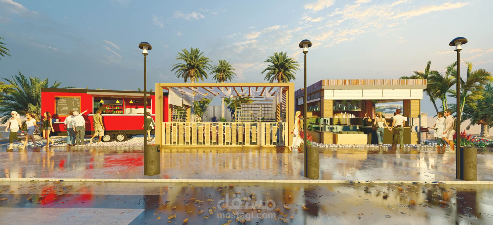 تصميم خارجي لمنطقه تجمع خارجيه -  out door food hub entertainment