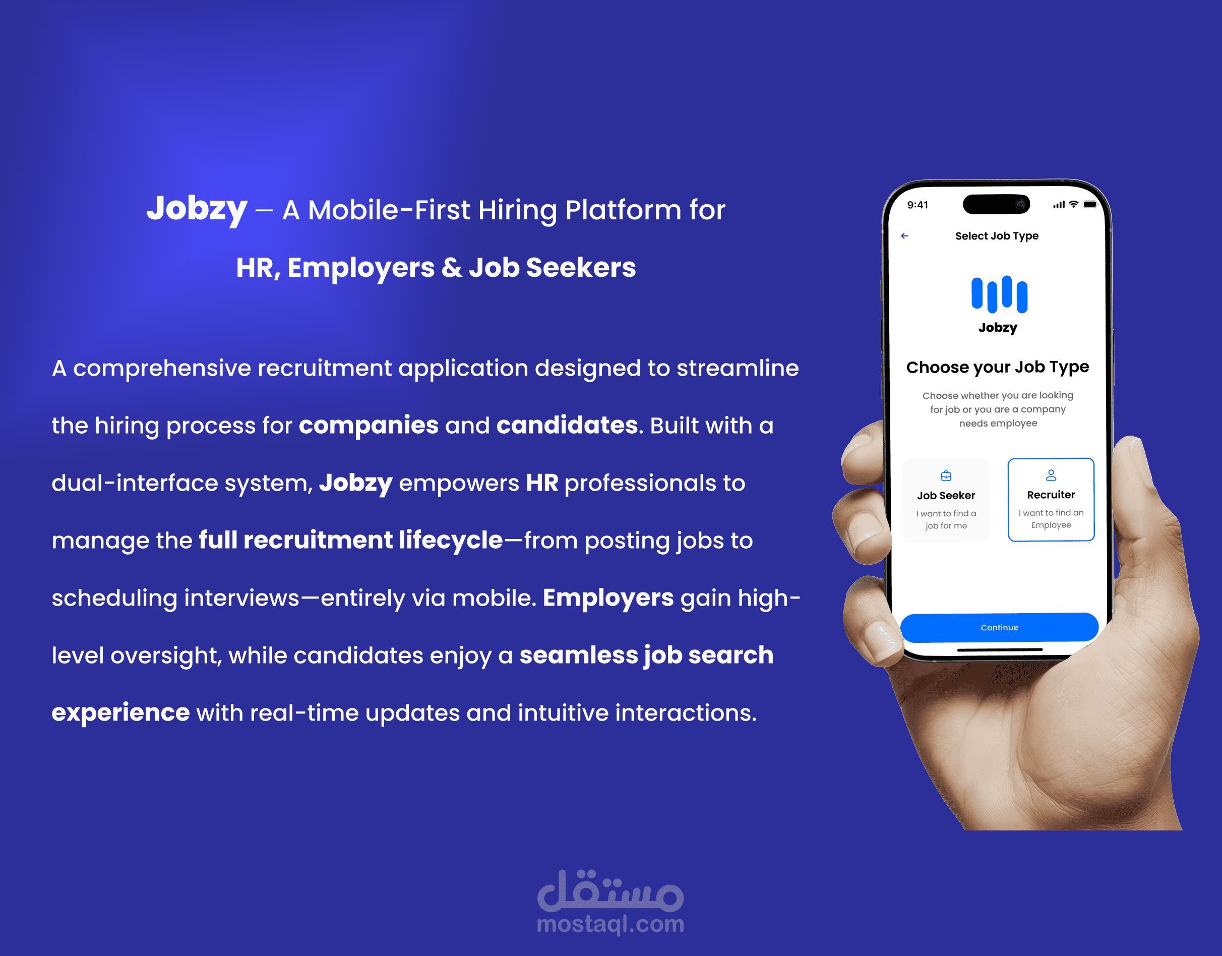 Jobzy — منصة توظيف موجهة للهواتف المحمولة مخصصة لفرق الموارد البشرية وأصحاب العمل وباحثي الوظائف.