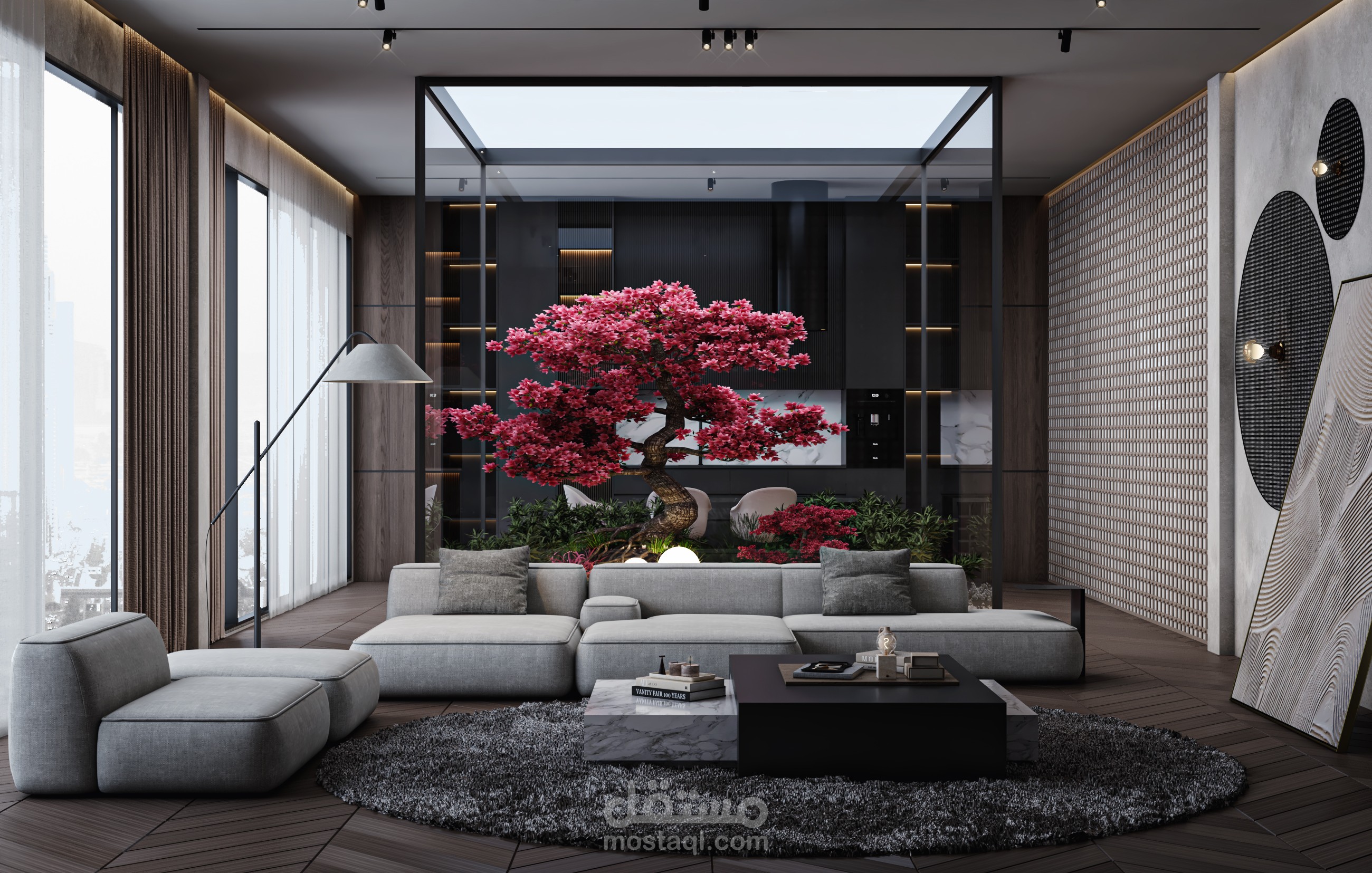 استديو مع مطبخ وجدار تلفزيون