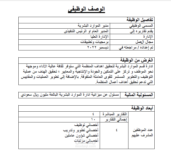 بطاقة وصف وظيفي