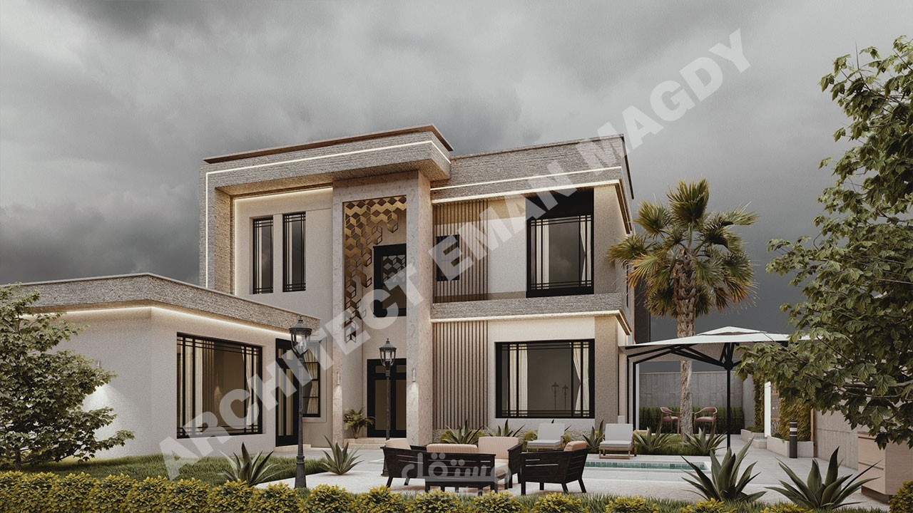 تصميم فيلا مودرن بالاضاءة و الحديقة