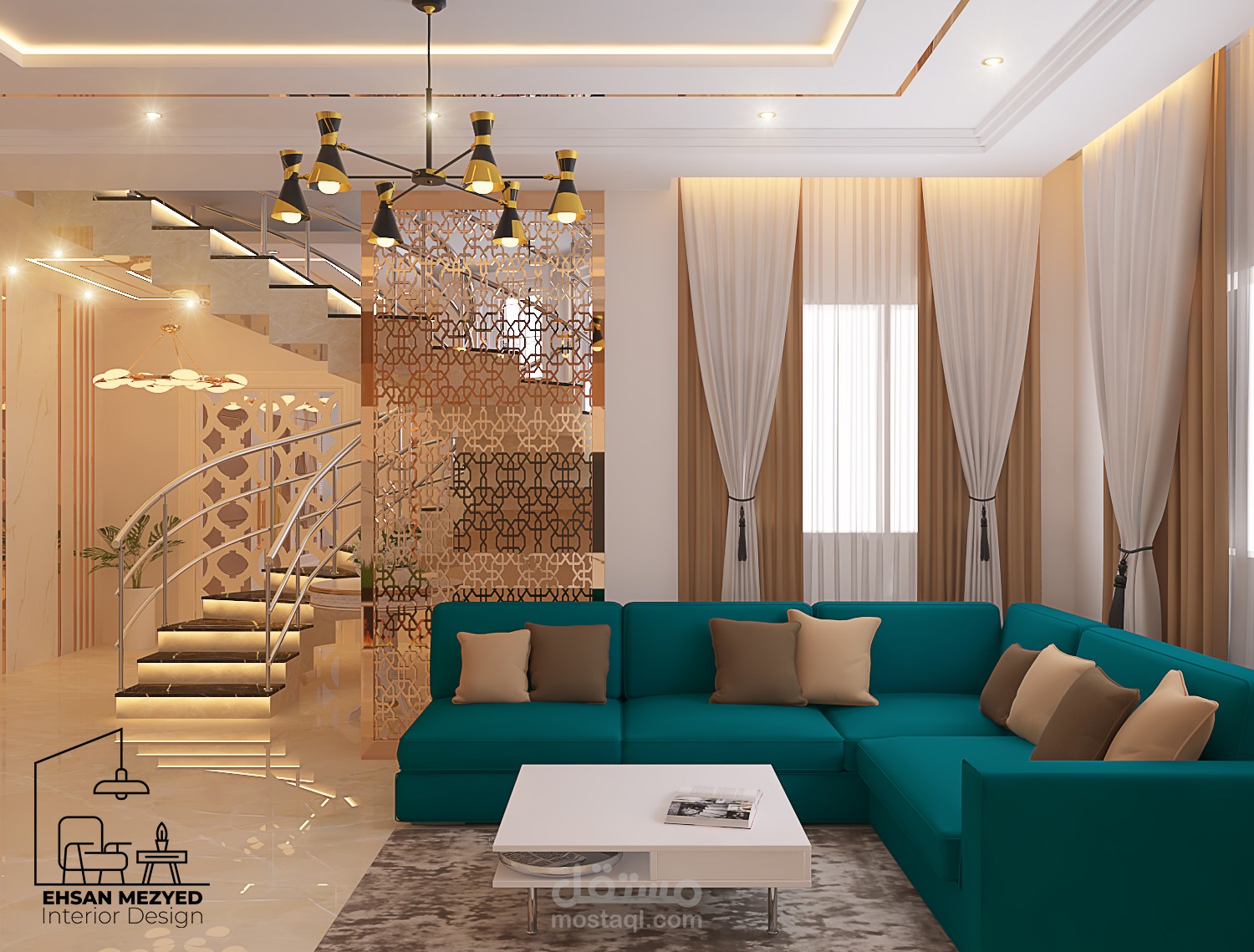 صالة مع مدخل ودرج داخلي