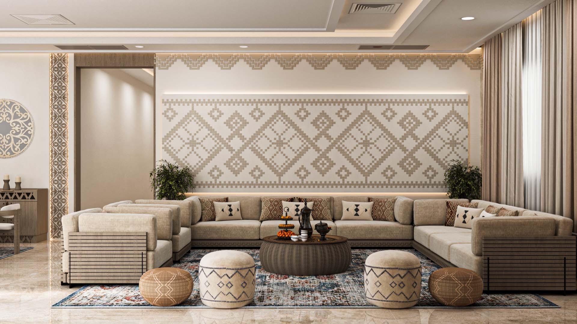 Najdi-Inspired Living & Dining Interior Design — A Modern Interpretation of Arabian Heritage