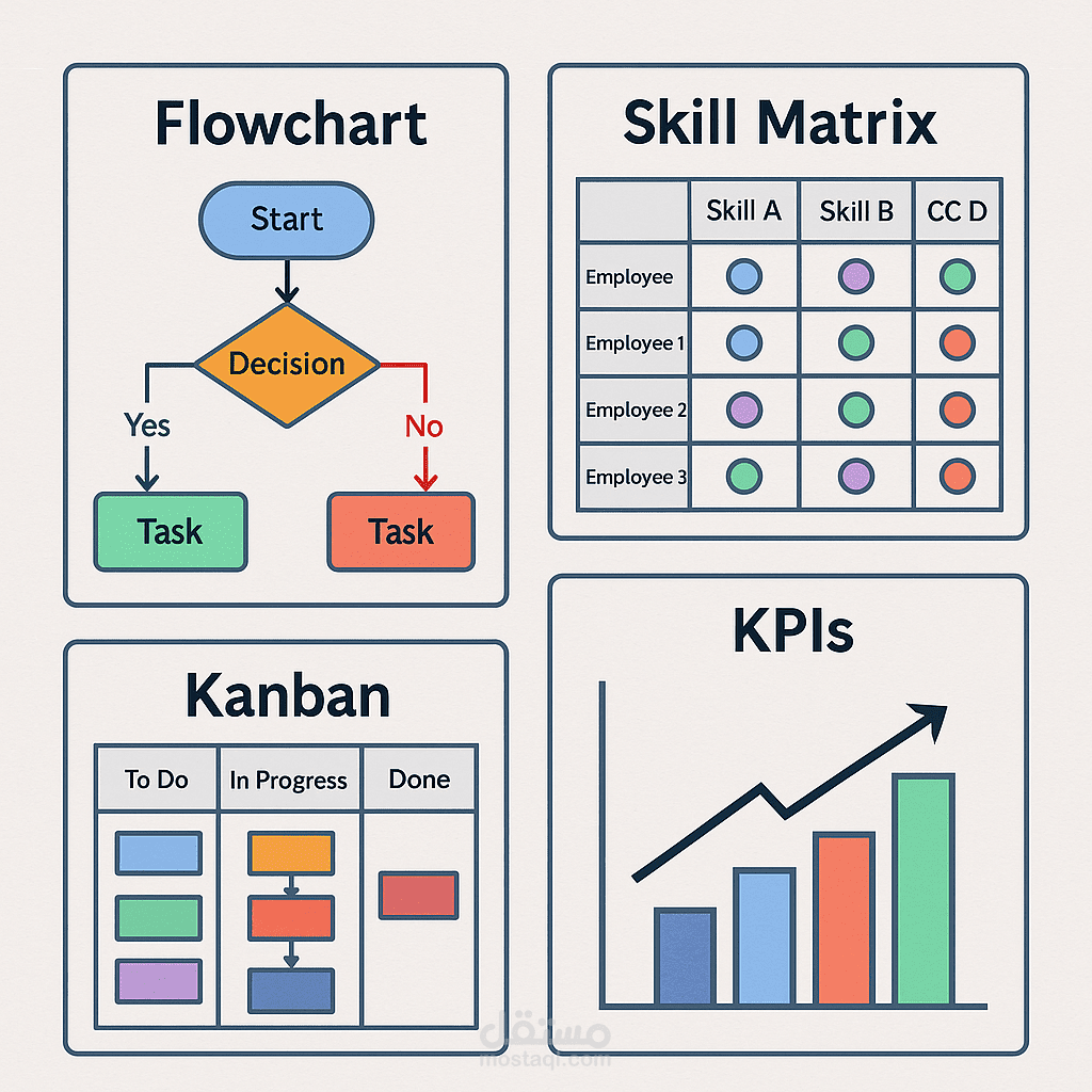 تنسيق العمليات وتطوير سير العمل باستخدام Flowchart، Skill Matrix، KPIs،  One Piece Flow ونظام Kanban