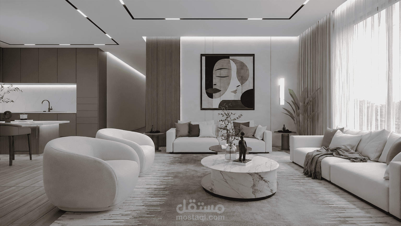 صالة معيشة ومطبخ وركن لطاولة الطعام